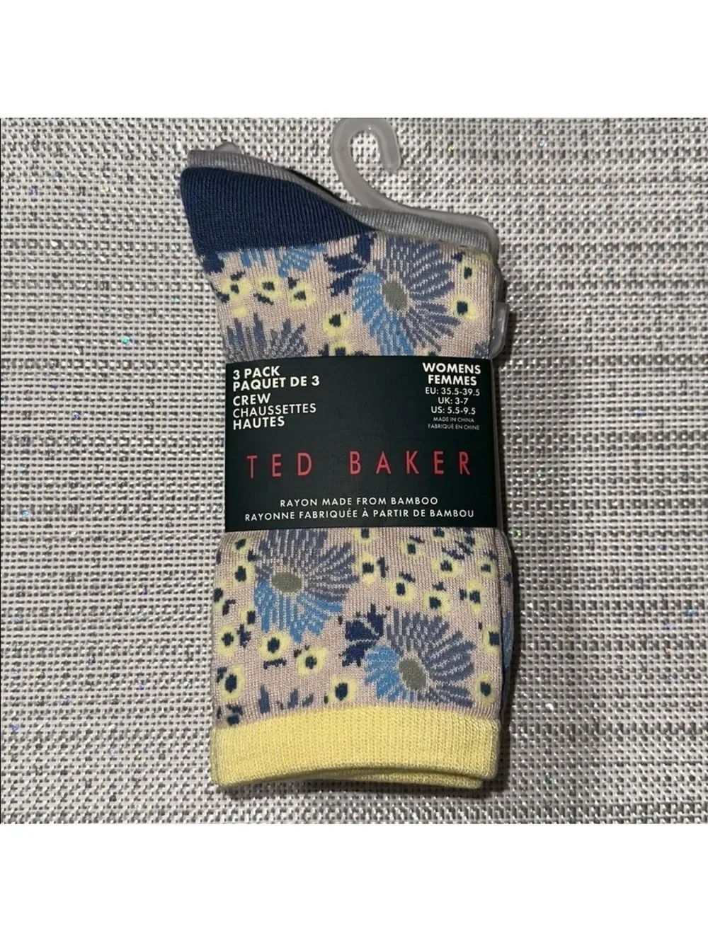 Ted Baker Blue Yellow Floral Dress Crew cut Knit Bamboo Blend Socks 3 pack